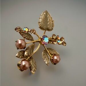 Vintage Gold Leaf Brooch with Brown Pink and Multicolor Accents